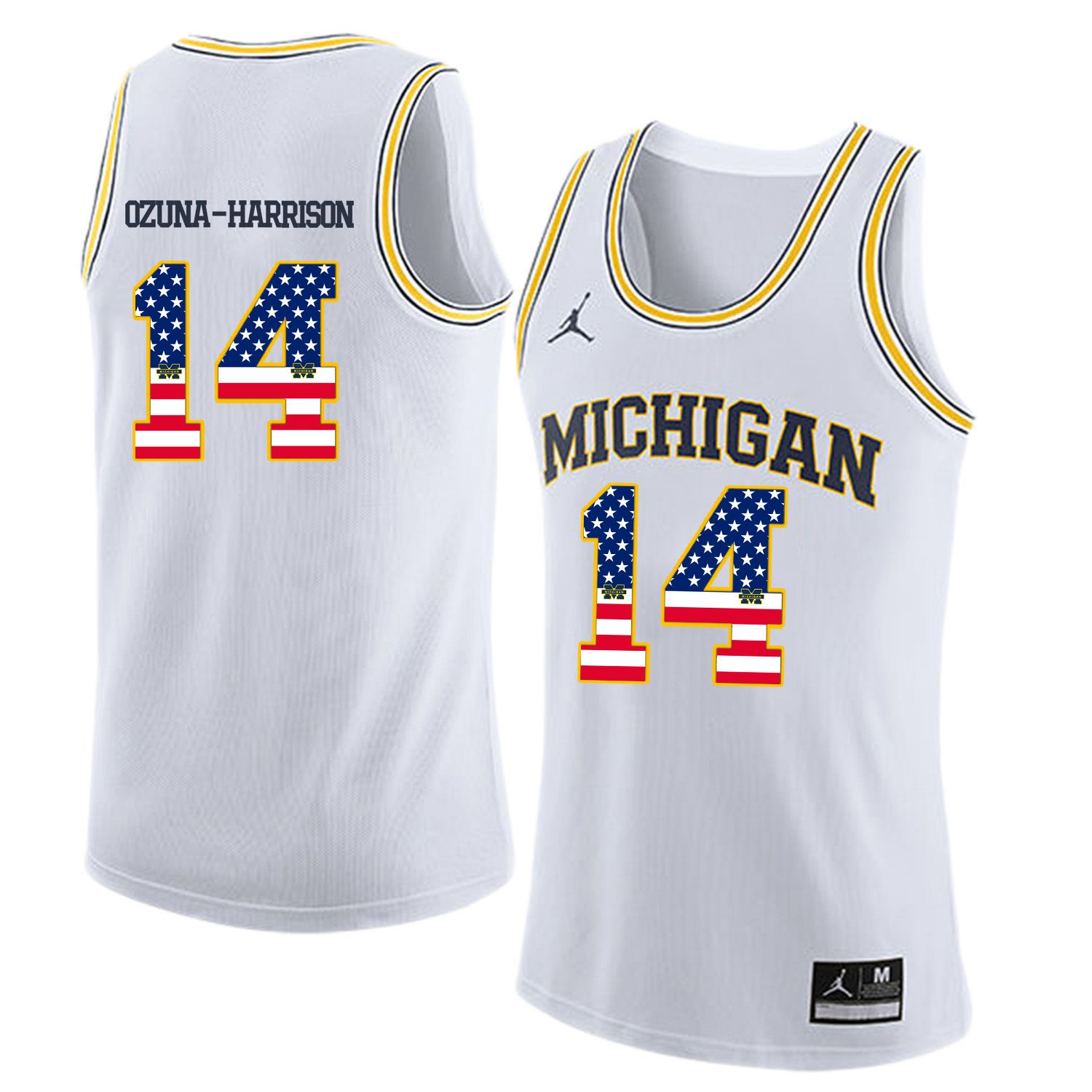 Men Jordan University of Michigan Basketball White #14 Ozuna-Harrison Flag Customized NCAA Jerseys